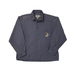Vintage 90s Droopy Overshirt by Studio Aventures Retro Cartoon Animation Movie Film Character Embroidered Logo Blue Button Down Shirt Size M