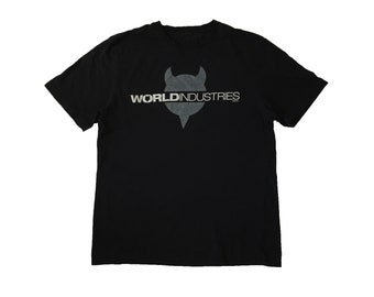 Vintage World Industries Distressed T-shirt Rare Old School Skateboarding Company Brand Big Print Logo Skate Wear Spell Out Black Tee