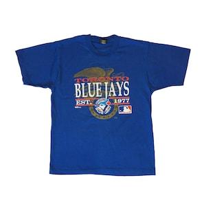 Camiseta vintage de los Toronto Blue Jays de los años 80, auténtica y rara, de béisbol, con una sola puntada, color azul, talla L
