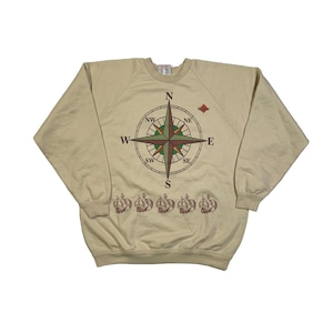 Vintage 80s Felpa Sport Sweatshirt by Parmalat Сompass Nautical Marine Big Graphic Print Spell Out Made in Italy Beige Pullover Size L