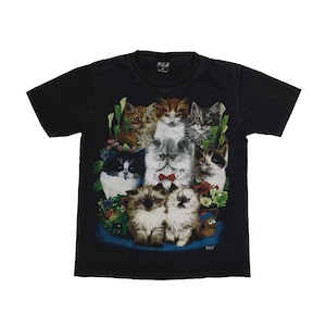 T-shirt vintage avec chats, Wild Retro Animals Pets, grand t-shirt noir délavé à grand graphisme, taille M