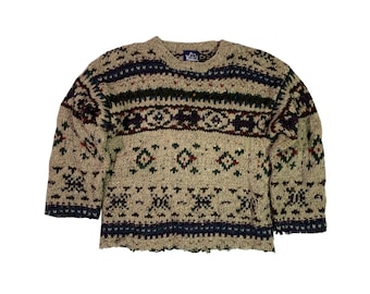 Vintage 80s Distressed Woolrich 9611 Sweater Cropped Chunky Knit Retro Abstract Pattern Nordic Fair Isle Grunge Wool Sweat Size Small