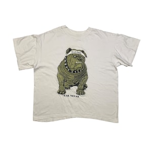 Vintage 90s Bad Dog T-shirt Las Vegas Bulldog Animal Souvenir Gym Streetwear Spell Out Cool Graphic Print White Tee