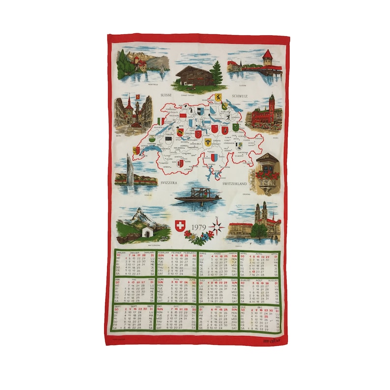Puede incluir: Una toalla de cocina vintage con un mapa de Suiza con los cantones y los escudos de armas. La toalla tambi&eacute;n incluye un calendario para el a&ntilde;o 1979 y el texto "Suiza" en varios idiomas.