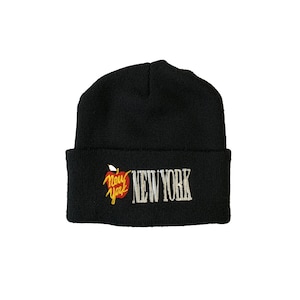 Vintage 90s New York Beanie Rare Souvenir Big Apple Old School Retro Streetwear Embroidered Logo Headwear Black Knit Hat One Size