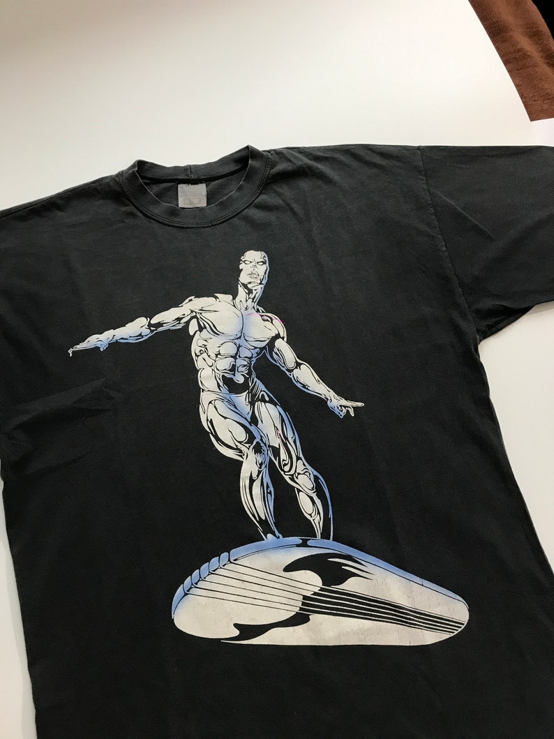 Vintage Silver Surfer T-shirt Rare Marvel Superhero Comic Book Movie Character Cartoon Promo Merchandise Faded Black Tee