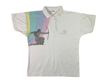 Vintage 90s Sergio Tacchini Polo T-shirt Rare Pete Sampras Rainbow Archer Tennis Retro Sportswear White Tee Size M