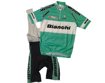 Maglia da ciclismo vintage Bianchi + pantaloncini con bretelle Nalini Elite Team bici da bicicletta Made in Italy Taglia 2