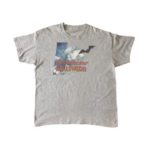 Vintage Budweiser Halloween Night T-shirt Rare Bud King of Beers American Beer Brand Logo Single Stitch Melange Heather Gray Tee Size XL