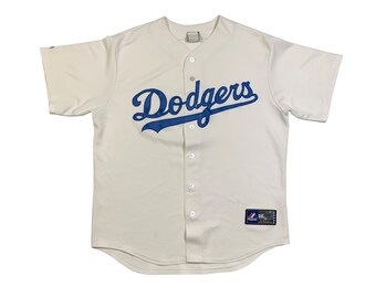 Vintage Dodgers Jersey Shirt by Majestic Authentic Baseball Sportswear Athletic Sewn Patch Big Logo Oversized White Tee L