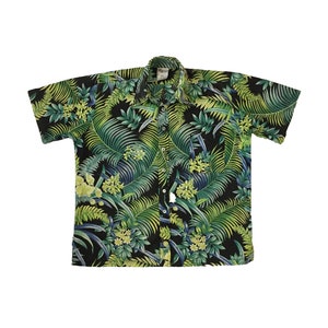 Vintage Palm Floral Pattern Button Down Shirt Retro Beach Vacation Summer Hawaii All Over Print Oversized USA Made Green Tee Size Medium