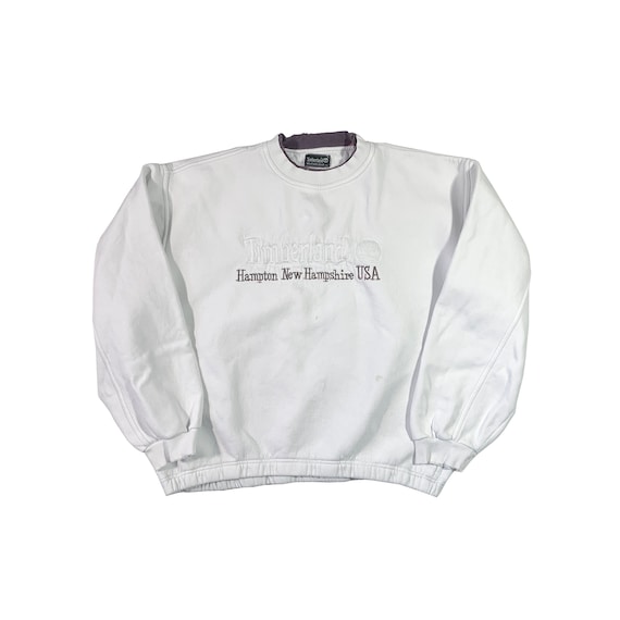 Timberland, Vintage 90s Distressed Timberland Sweatshirt Hampton New Hampshire USA Weather Gear Embroidered Logo Spell Out Boxy Fit White Crewneck