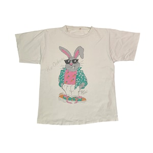 Vintage 1986 Rabbit T-shirt Distressed Graphic by Air Waves New Orleans "Too Cool" Retro Single Stitch White Tee XL