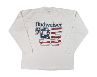 Vintage 1995 Budweiser '95 Longsleeve T-shirt American Beer Company Bud USA White Tee Size XL