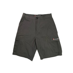 May include: Gray cargo shorts with a black button and zipper closure. The shorts have a black label with the text "Lost Entertainment" on the right leg.