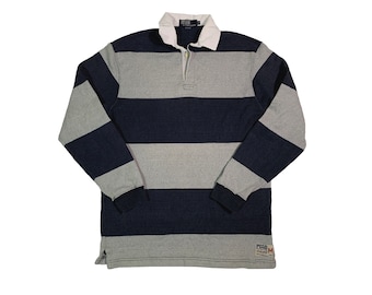 Vintage Polo Ralph Lauren Striped Rugby Shirt Sporting Goods Rare Style Retro Longsleeve Stripes Spell Out Grey & Blue Size M / L