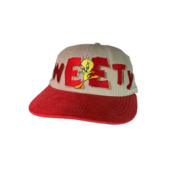 Vintage 1996 Tweety Cap Retro Looney Tunes Warner Bros Character Cartoon Animated Film Made in USA Embroidered Big Logo Kids Youth Snap Back