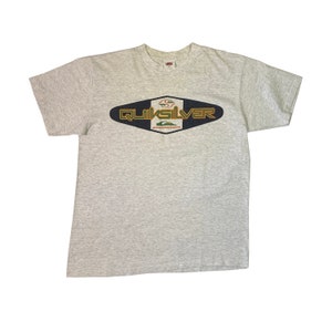 Vintage 90s Quiksilver T-shirt Boardshorts Retro Surfing Big Logo Graphic Surf Boarding Made in USA Single Stitch Heather Grey Tee Size XL