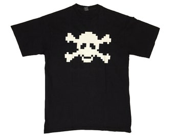 Vintage 90s Stussy T-shirt Rare Streetwear Retro Skatewear Old School 8-bit Pixel Skull Big Graphic Logo Single Stitch Black Tee Size L