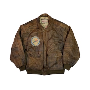 Vintage The Sharper Image A-2 Leather Jacket Retro Aviator Flight USS Enterprise CVAN-65 Brown Flying Bomber Size M