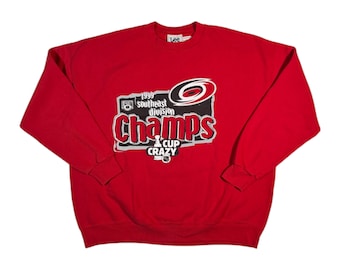 Vintage 1999 Carolina Hurricanes Champs Sweatshirt Authentic Southeast Division Cup Crazy Hockey Team Red Crewneck XXL