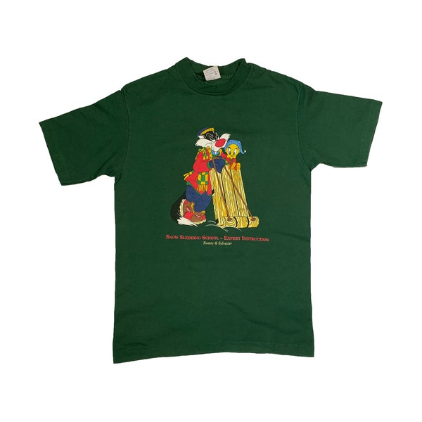 Vintage 1991 Tweety & Sylvester T-shirt by Acme Looney Tunes Snow Sledding School Cartoon Animated Movie Character Single Stitch Green Tee L