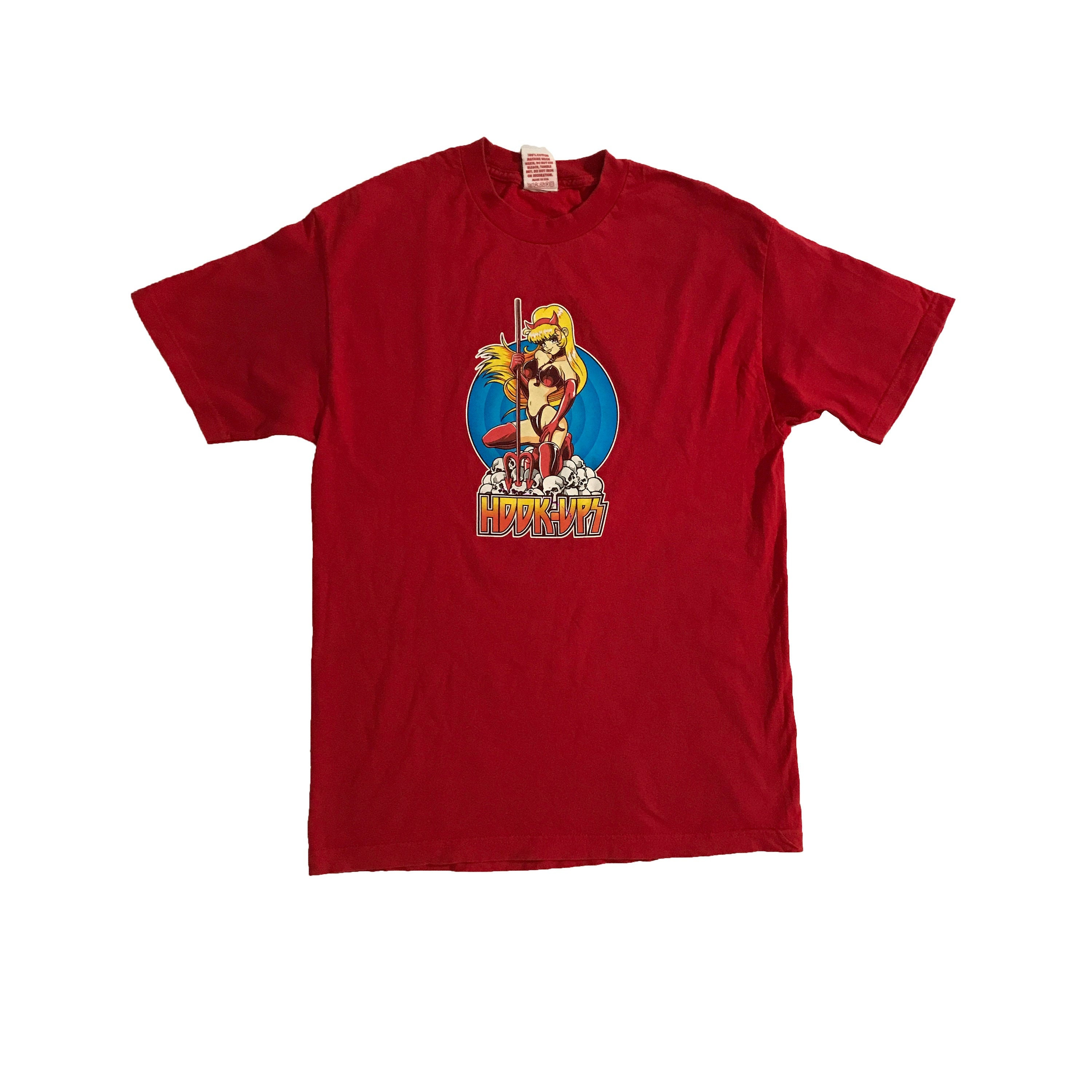 Vintage 90's Hook-ups T-shirt Rare Skateboarding Brand Retro Anime Manga  Style Big Logo Old School Street Skate Wear Red Tee Size L 