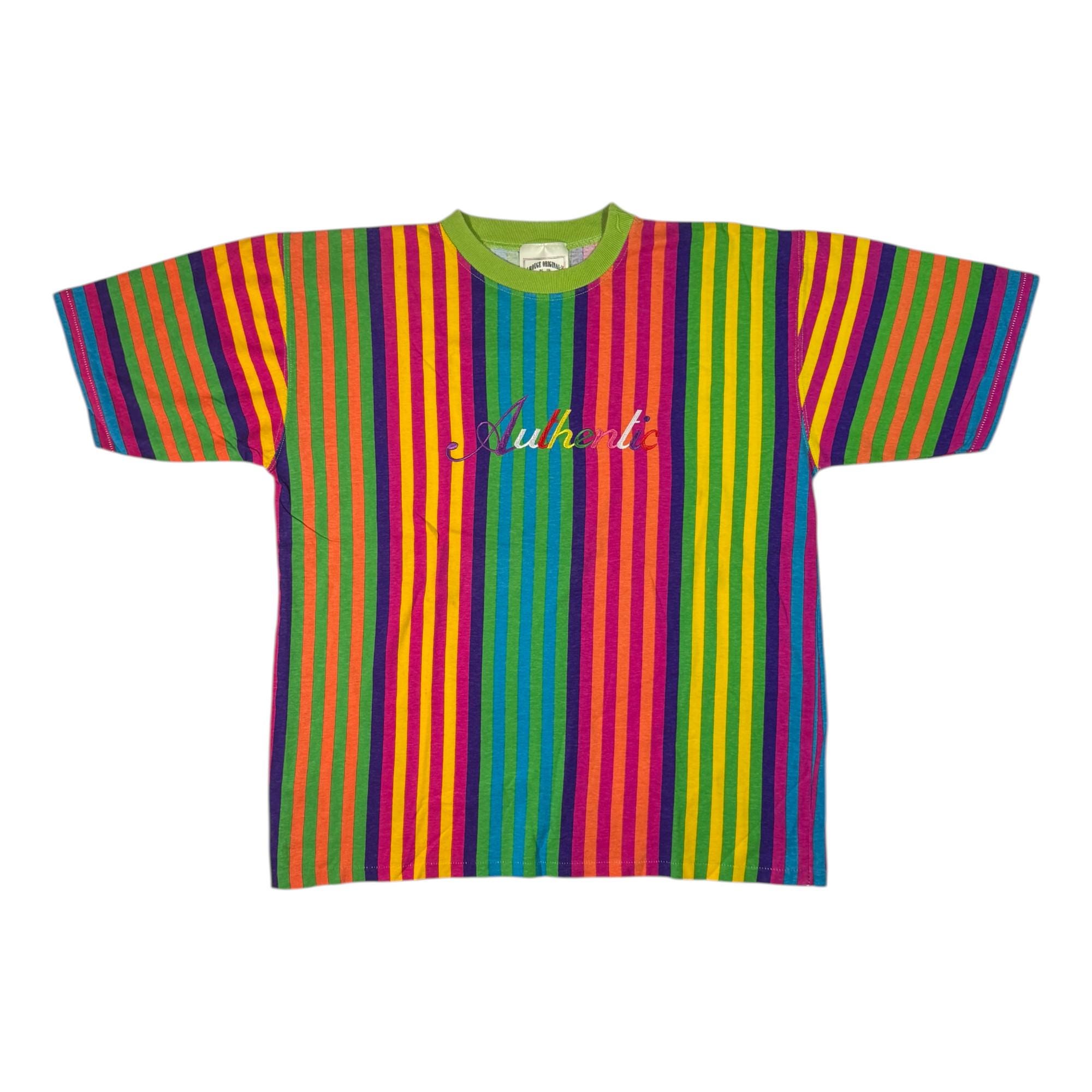 T-shirt à rayures multicolores vintage des années 90, logo brodé authentique, point unique arc-en-ciel, t-shirt L - France