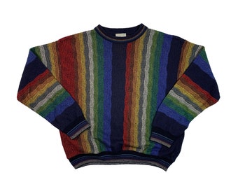 Vintage Sweater by Cesare Uomo Retro Knitted Multicolor Vertical Stripe Colorful Italy Pullover Size 48