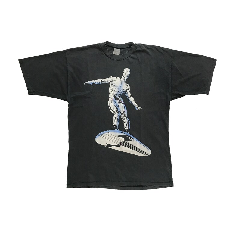 Vintage Silver Surfer T-shirt Rare Marvel Superhero Comic Book Movie Character Cartoon Promo Merchandise Faded Black Tee