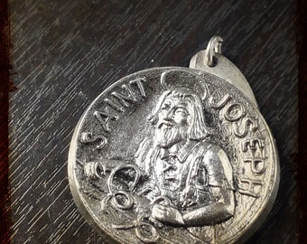 Antique Français Médaille Religieuse de Saint Joseph, Saint Patron des Charpentiers et des Ouvriers - Rare pendentif vintage de France avec Saint Joseph