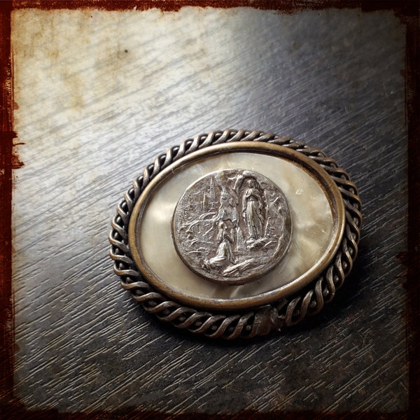 Antique Large French Silver Brooch from Lourdes Grotto scene with Virgin Mary - Vintage large pin from South of France