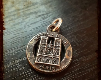 Vintage French Silver Religious Medal Notre Dame de Paris - Antique Jewelry from France with parisian cathedral 3D charm