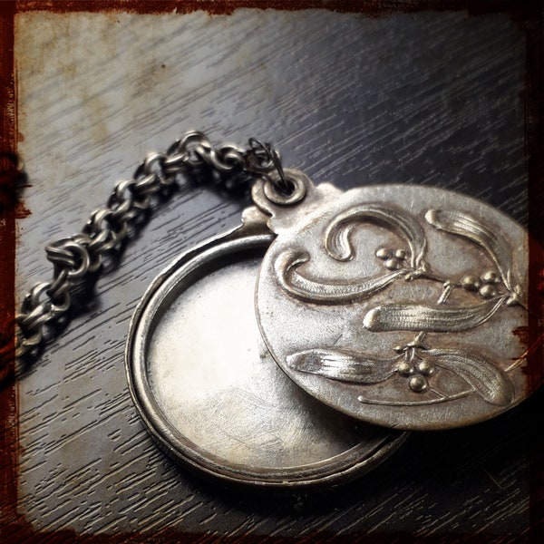 Antique Art Nouveau Mistletoe French photo slide locket pendant - Paris great item for jewelry, mixed media or assemblage