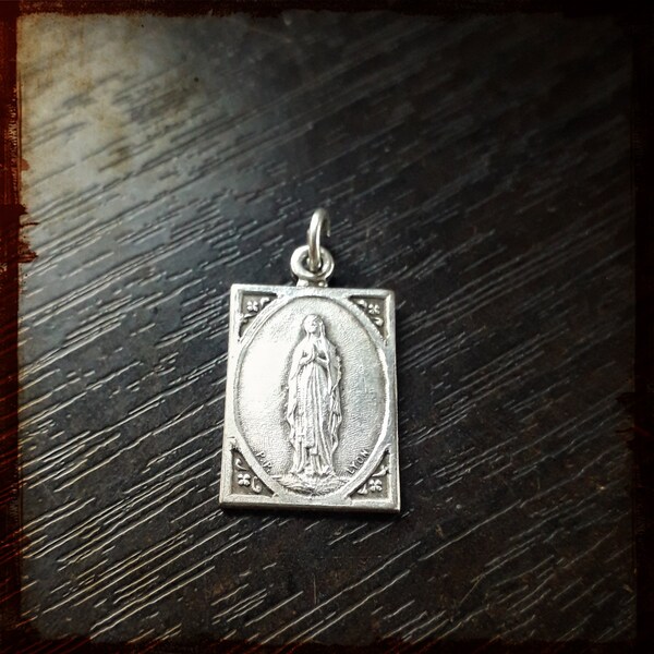 Antique French Silver Religious Medal Our Lady Virgin Mary in Lourdes Grotto - Vintage pilgrim pendant from Lourdes France