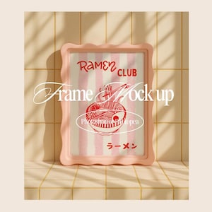 May include: A pink, wavy-edged frame displays a graphic with the words "Ramen Club" and a bowl of ramen. The image has a vertical striped background in pink and white. The frame is set against a tiled background.