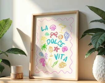 La Dolce Vita | Illustration Graphic Poster | Mid-Century Modern |Art Print | Abstract Wavy | Rainbow | Italian Quote |A4 A3 A2 A1