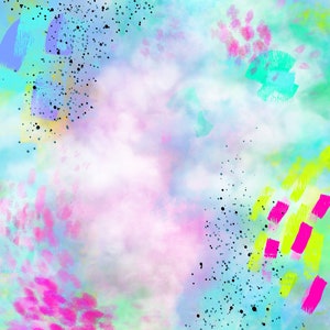 May include: Abstract background with a watercolor effect in shades of pink, blue, and green. The background is decorated with black dots and colorful brushstrokes.
