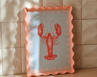 Lobster Illustration, Mid Century Modern, Lobster Art Print | Seafood Art Print | Cute Wavy Print | Pink Blue | A4, A3, A2, A1