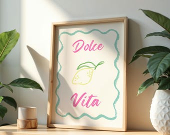Dolce Vita | Illustration Graphic Poster | Mid-Century Modern | Italian Quote | Abstract Wall Art | Wavy | Lemon Illustration | A4 A3 A2 A1