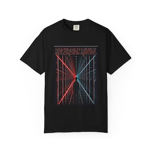 May include: A black short-sleeved t-shirt featuring a graphic print with the text "RECURSION RITUAL" at the top. The design depicts a silhouette of a person standing in a corridor of light, with red lines on the left and blue lines on the right.