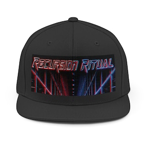 May include: A black snapback cap featuring a rectangular graphic on the front panel. The graphic displays the text RECURSION RITUAL in a stylised metallic font above a perspective view of red and blue neon light lines in a dark environment.