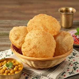 May include: A woven basket holds several golden-brown, puffed-up fried breads, possibly puri. A small bowl of chickpeas and a brass cup are also present, suggesting a meal. The scene is set on a wooden surface.