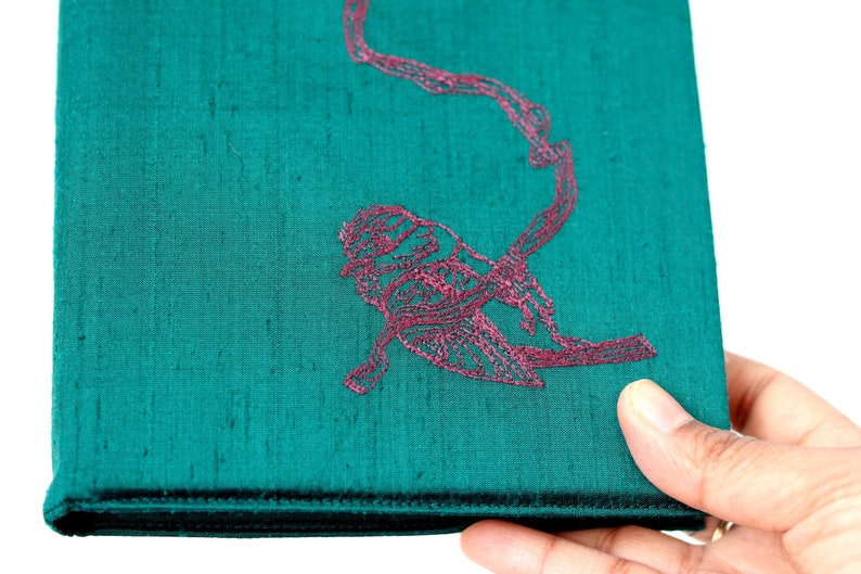 Small Square Embroidered Book Cover with Sketchbook Blue Tit - British Birds Collection - Deep Green