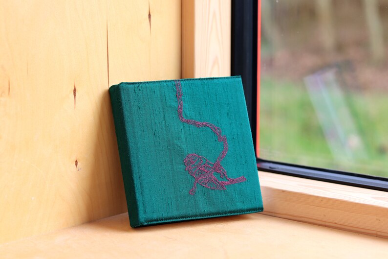Small Square Embroidered Book Cover with Sketchbook Blue Tit - British Birds Collection - Deep Green
