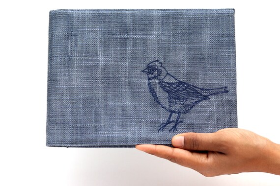 Small Square Embroidered Book Cover with Sketchbook Blue Tit - British Birds Collection - Deep Green
