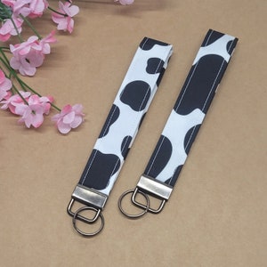 Cow Print Keychain Fob, Black Cow Spots Keychain Wristlet Strap for Keys, Farm Animal Key Holder