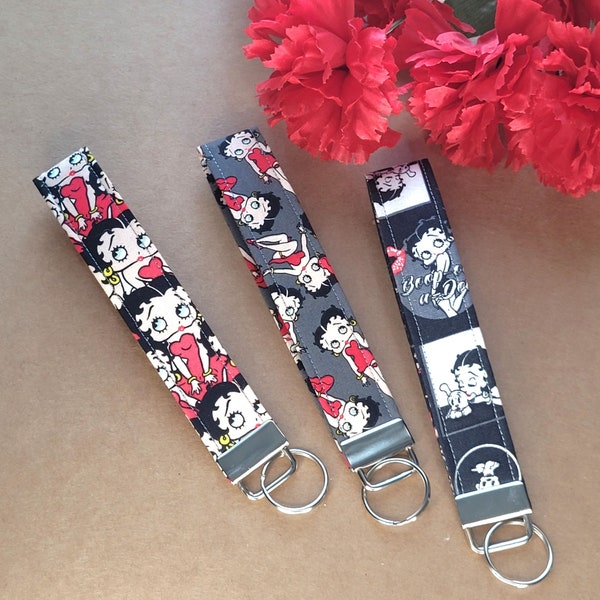 Betty Boop Keychains, Add Name Fabric Keychain Fob, Retro Keychain Wristlist, Betty Keychain Strap for Keys, Cartoon Classic Key Holder