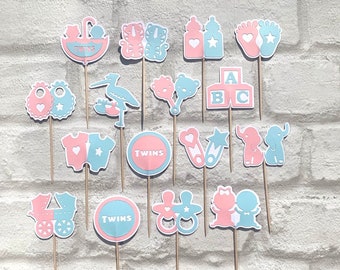 16 Twin Baby Cupcake Toppers   Boy & Girl