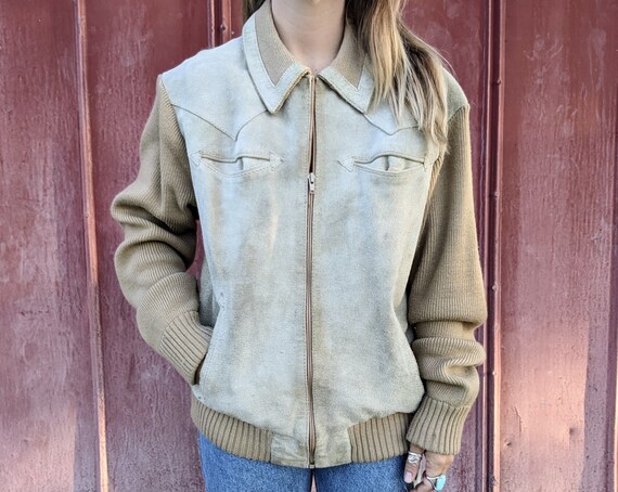 70s Suede Jacket Knit Accents Western Men's L/Wome